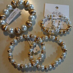 3 pearl & gold bead bracelets with coordinating pearl & gold hoop earrings